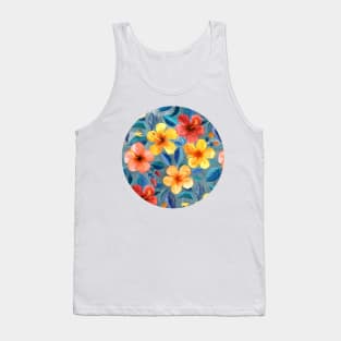 Colorful Watercolor Hibiscus on Grey Blue Tank Top